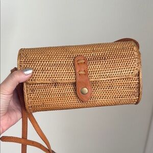 Tan Woven Rattan Crossbody Bag with Leather Accents